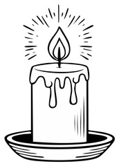Illuminating candle with dripping wax and radiating light, hand-drawn illustration