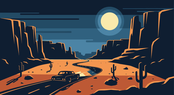 Night Drive Through Desert Canyons Under a Bright Full Moon