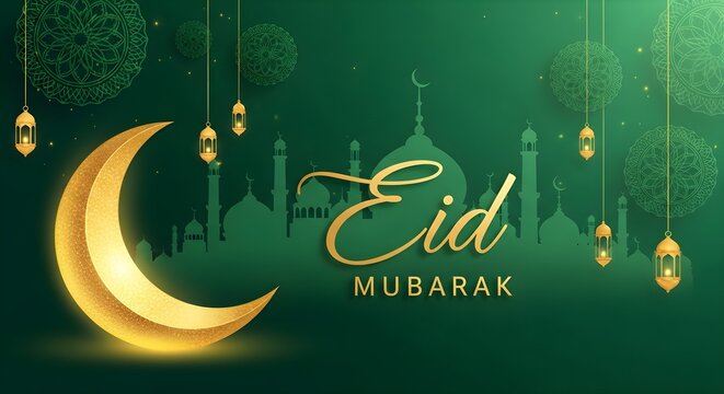 Eid Mubarak Celebration with Golden Crescent Moon and Mosque Silhouette at Night on Adobe Stock