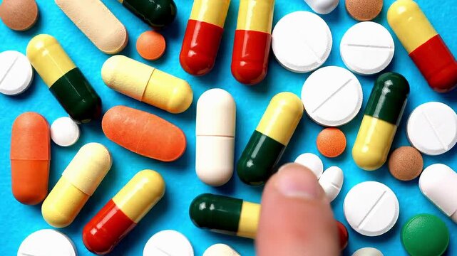 Colorful pill capsule tablet medication pharmacy supplement healthcare prescription dosage addiction scattered across blue background creating vibrant medical pattern and tension about drug safety