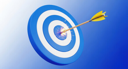 Achieving Goals A Dynamic Shot of an Arrow Piercing the Bullseye on a Blue and White Target, Symbolizing Success, Precision, and Strategic Aim in Business and Life