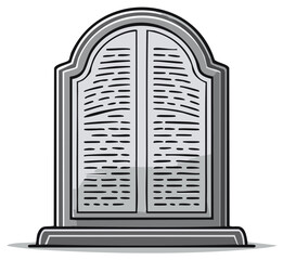 Grave marker or headstone with simple design in gray with closed window or doors, funerary art for cemetery or graveyard.