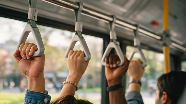 Crowded bus public transport commuter hand strap standing passenger diverse people morning travel city transit rush hour everyday life commute public transport bus passenger hand handle strap urban