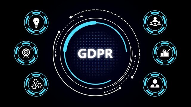 Gdpr text in glowing circular tech interface on dark background, blue icons around representing business and data concepts