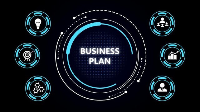 Business plan concept with circular neon blue HUD, central 'business plan' text, six round icons for ideas, target, settings, team, graph, user on black background