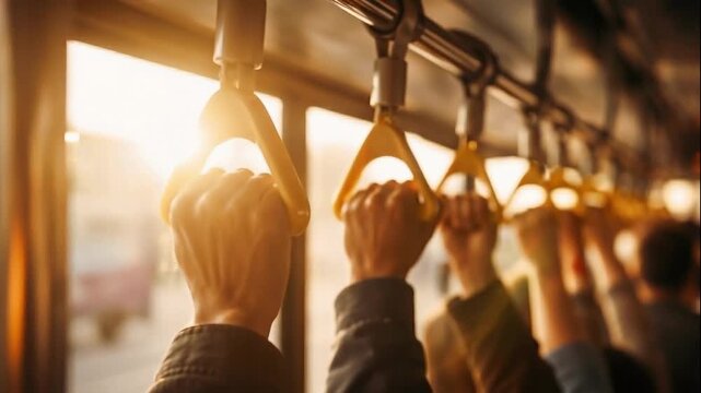 Commuter public transport bus hand strap sunrise sunset rush hour crowd journey, morning evening commute travel motion movement ride, urban city daily routine people human grip safety support metal