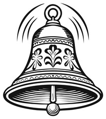 Illustration of a decorative bell with floral design, creating ringing sound waves, in black and white vector format