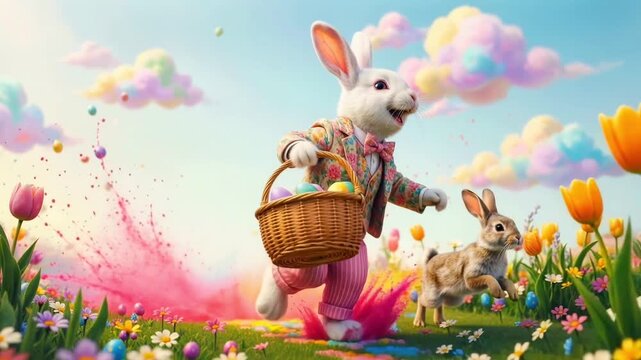 Two bunnies dash through a field of tulips and splashes of vibrant color, one carrying a basket, under a dreamy pastel sky.