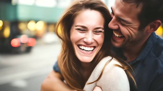 Laughing couple embracing on an urban street, faceless candid moment, city lifestyle romance, defocused surroundings, with copy space