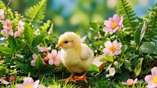 Fluffy chick stands on eggshell, then jumps down and walks through blooming flowers in a sunny spring garden.