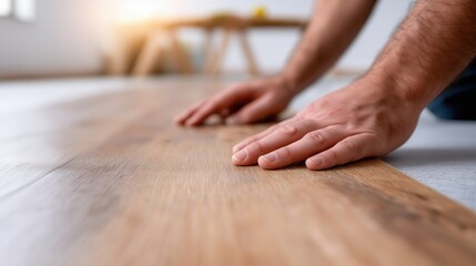 Man laying wooden flooring in modern interior space  