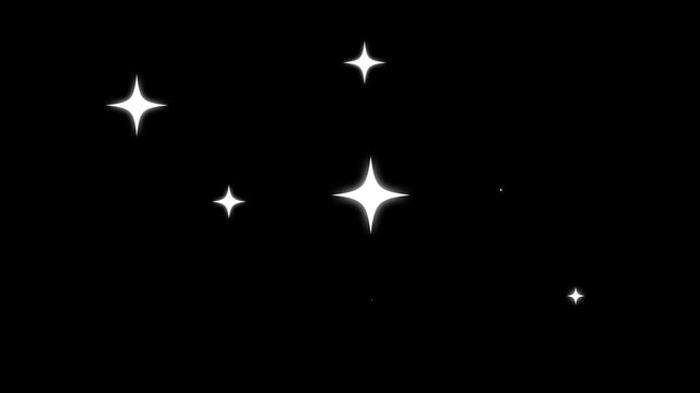 Twinkling stars animation, white cartoon sparkle stars, fast blinking lines, flat vector doodle animation, glowing glitter trail effect, shining motion video on black screen