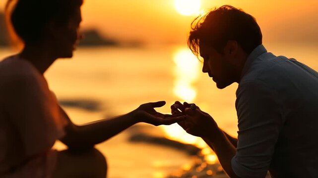 Man proposing on a beach at sunset, faceless engagement moment, emotional storytelling, with copy space