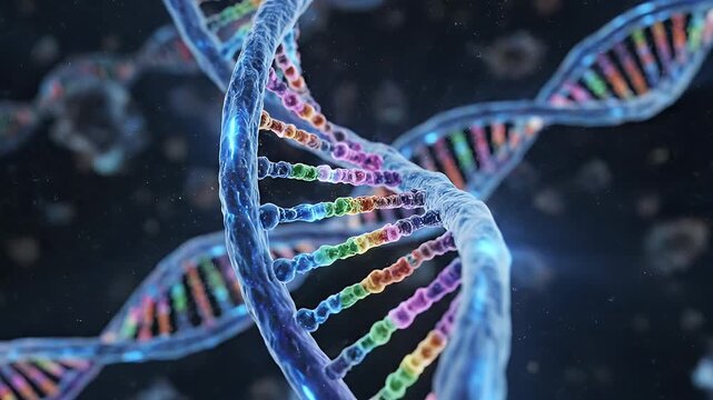 DNA Double Helix Structure - This video shows a detailed, colorful 3D video of a DNA double helix structure against a dark backdrop.