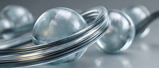 Glass spheres encircled by metallic rings creating an abstract pattern