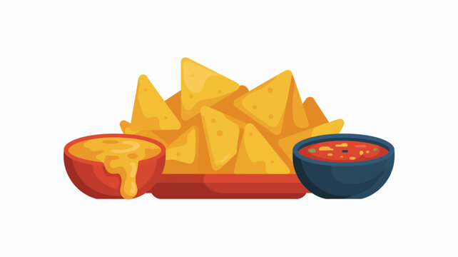 Flat vector illustration of nachos with salsa and cheese dips on colorful plate for Mexican food party or snack concept
