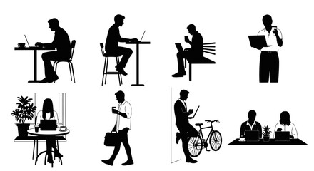 A collection of black silhouettes depicts people engaged in various work and lifestyle activities including using technology high quality