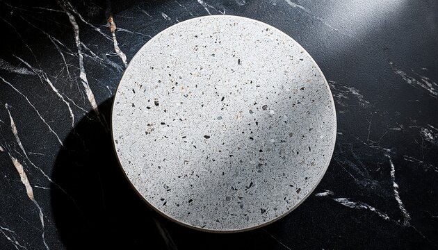 white terrazzo round table top on dark black marble background with dramatic lighting modern concrete look table for kitchen cafe bar product displayed minimalist design studio shot copy space