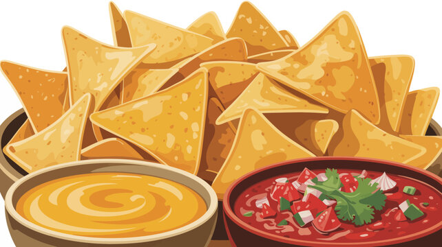 Fresh tortilla chips with spicy salsa and creamy cheese dip in rustic bowls on white background