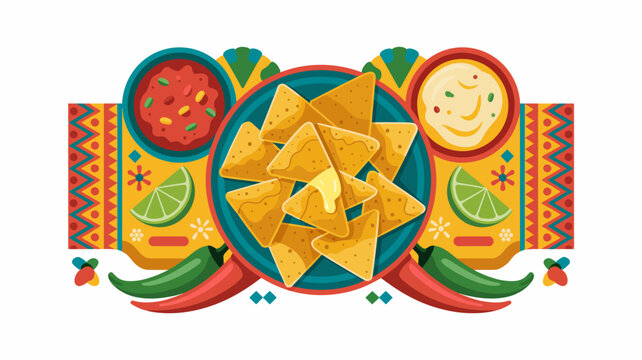 Colorful Mexican fiesta vector illustration with nachos, tomatoes, limes, and chili peppers on striped background for party celebration