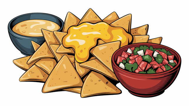 Colorful Mexican nachos with fresh salsa dip and cheese sauce on rustic wooden table summer party food