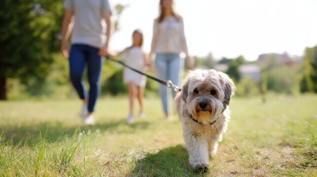 Family walking dog on leash in sunny park during summer  
