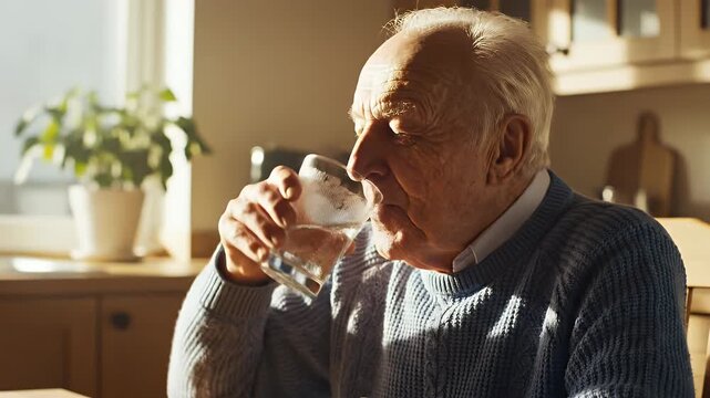 Senior Man Hydrating with Water - An elderly man in a blue sweater drinks water from a glass in a sunlit kitchen setting. The senior is focused on staying hydrated as he enjoys a refreshing drink.