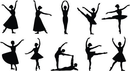 Silhouette ballet dancers performing, classical poses, pirouettes, arabesques, pliés, graceful movement, partnered lift, elegance, strength, discipline, performance art ©  Miller