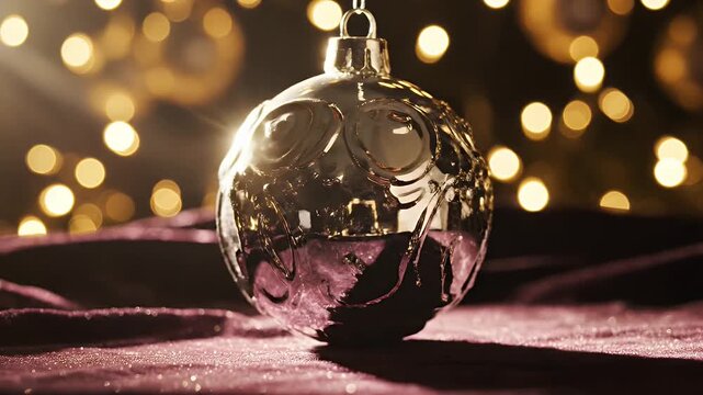 Elegant Silver Christmas Ornament - A textured silver Christmas bauble hangs against a blurred backdrop of golden bokeh lights. The ornament rests on a shimmering dark pink surface, reflecting light.