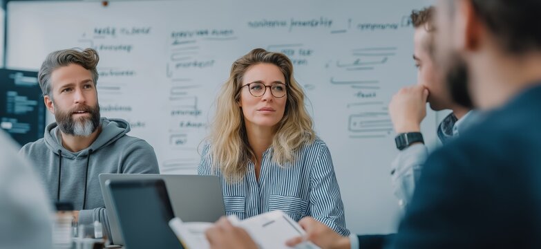 Business professionals collaborating in a corporate meeting room. Professionals discussing AI systems and new product development during a serious business meeting