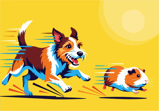 Dog chasing a guinea pig in a vibrant yellow background.