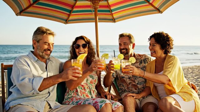 Man, woman, man, and woman sit together under umbrella on beach, couple relationship shown by friendship, shared drinks, and summer conversation.