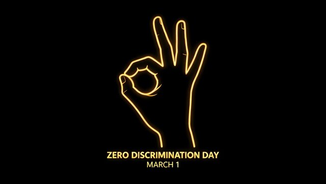 Bright neon "OK" hand gesture illustration on black, signifying unity and support for zero discrimination day on march 1.