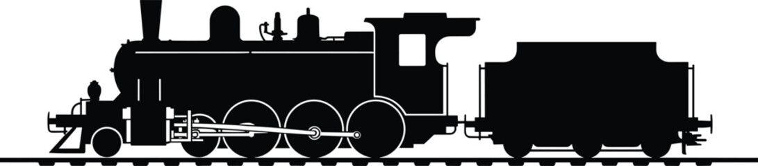 Steam locomotive silhouette, railway transport, classic train engine, tender car, smokestack, mechanical design, industrial history, vintage transportation, engineering, heritage ©  Miller