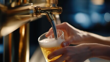Woman pouring beer from tap into a glass at bar counter  