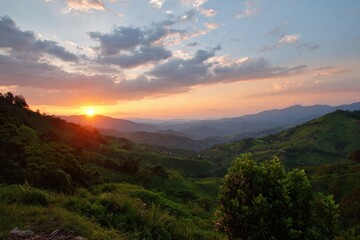 Fototapeta premium Serene mountain sunset over verdant hills and valleys