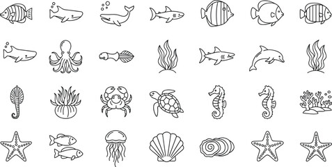 Underwater sea animals outline icons set featuring fish, shark, whale, dolphin, octopus, turtle, seahorse and coral isolated vector collection for marine biology and aquarium design © Atabur
