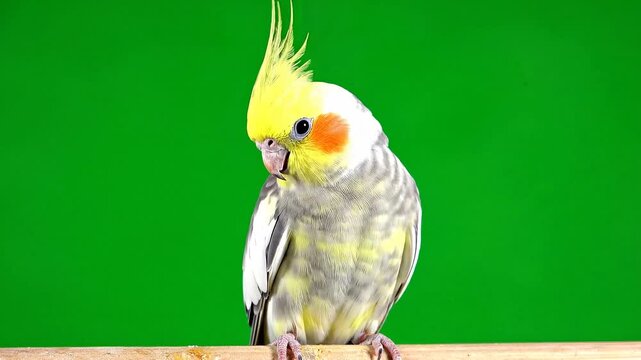 A vibrant close up of a cockatiel perched on a branch showcasing its bright yellow crest and playful expression on transparent