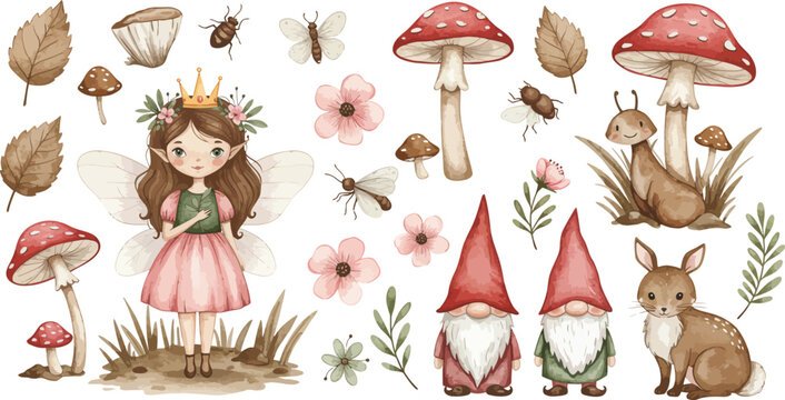 Whimsical illustration of girl gnomes rabbit and mushrooms in a fantasy forest setting scene