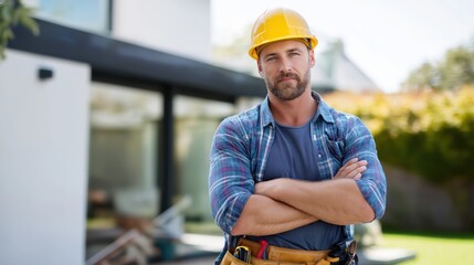 Construction worker standing with arms crossed outside house  