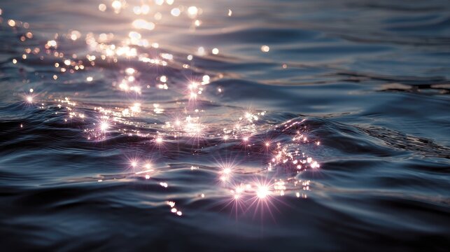 Sunlight reflecting off gentle water ripples creates sparkling, star-like glimmers on the surface of a calm body of water.