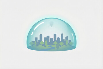 Fototapeta premium Protected city skyline with trees under transparent dome, symbolizing environmental safety, peace and protection from global nuclear threats