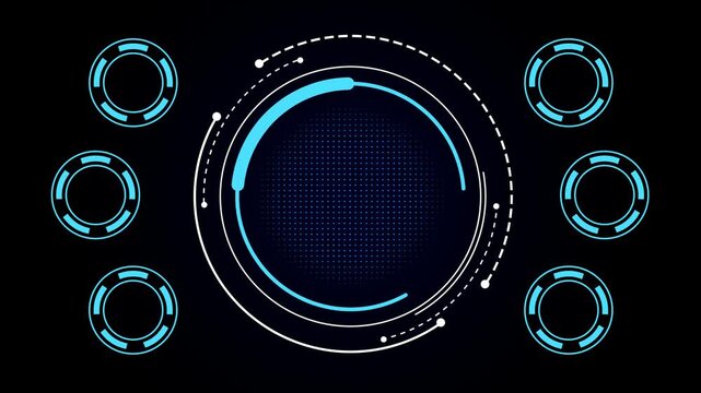 Futuristic blue circular hud interface on black background with dotted center and six peripheral rings