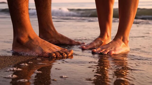 Couple on shore: man and woman stand barefoot on sand at water's edge, enjoying moment together. Relationship, couple, and togetherness expressed through feet touching waves and evening harmony.