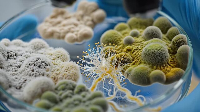 Gloved Hand Examining Petri Dish with Colonies - A gloved hand holds a petri dish filled with various mold and fungal colonies.