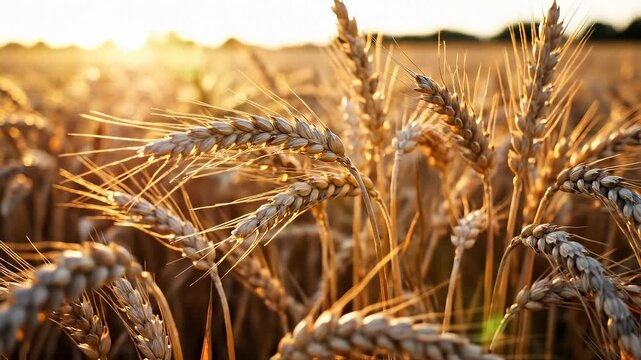 Golden wheat field at sunset. Wheat sways gently in warm breeze. Harvest season creates serene atmosphere, showcasing nature's beauty and agricultural richness.