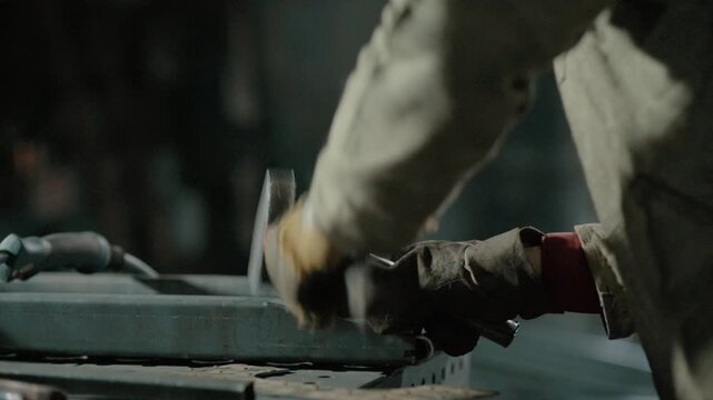 Locksmith hits a metal part with a hammer, work in a workshop. Close up of hands, slow motion.