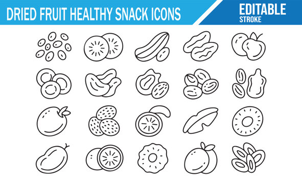 Set of Minimalist Line Icons for Dried Fruits, Nuts, and Berries