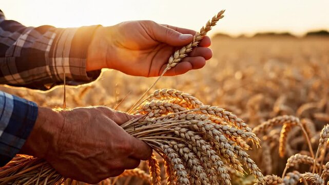 Close-up of hands holding ripe wheat in golden field at sunset. Farmer inspects harvest for quality. Agricultural scene captures essence of rural life and hard work.