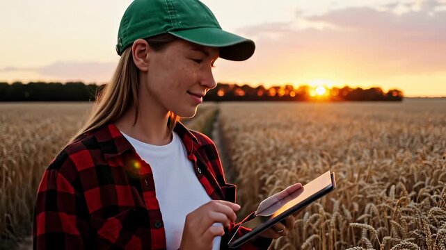 Young woman in wheat field using tablet at sunset. Digital technology transforms agriculture. Nature and innovation merge in beautiful landscape.